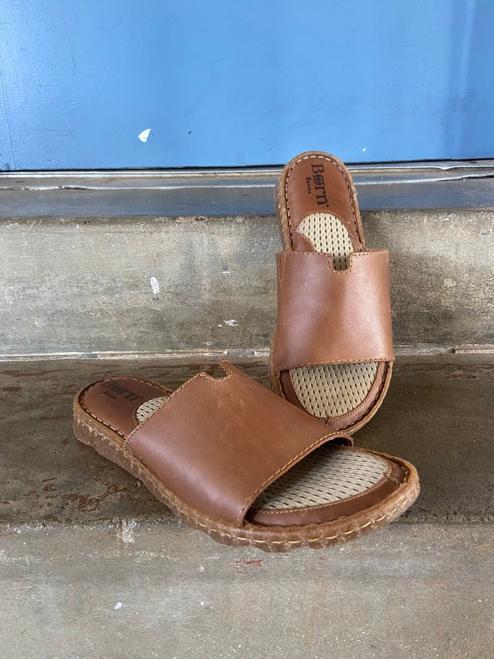 Born Basics tan wide strap slide sandal